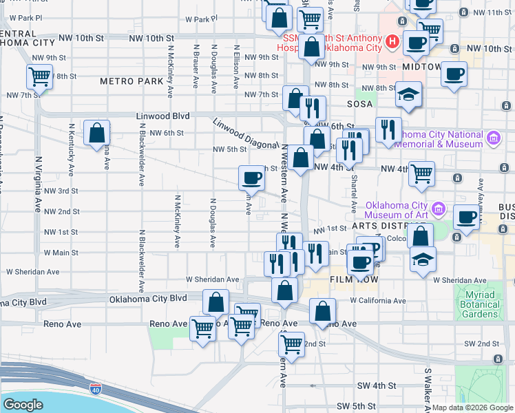 map of restaurants, bars, coffee shops, grocery stores, and more near 1137 Northwest 2nd Street in Oklahoma City