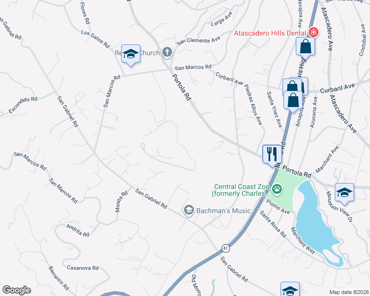 map of restaurants, bars, coffee shops, grocery stores, and more near 7080 Bella Vista Road in Atascadero