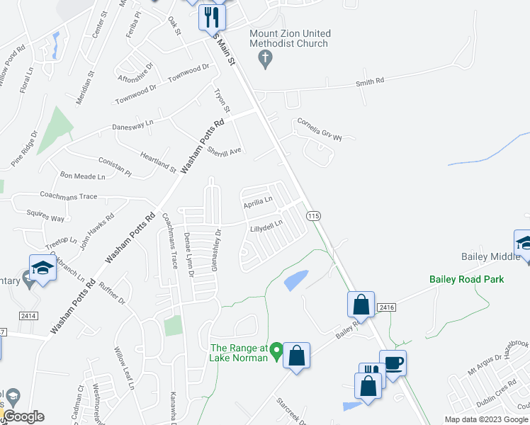 map of restaurants, bars, coffee shops, grocery stores, and more near 10731 Meadow Crossing Lane in Cornelius