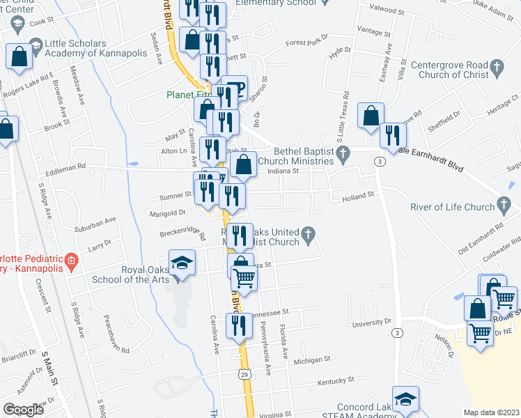 map of restaurants, bars, coffee shops, grocery stores, and more near 1717 Inspired Way in Kannapolis