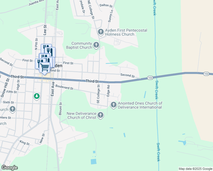 map of restaurants, bars, coffee shops, grocery stores, and more near 796 East 3rd Street in Ayden
