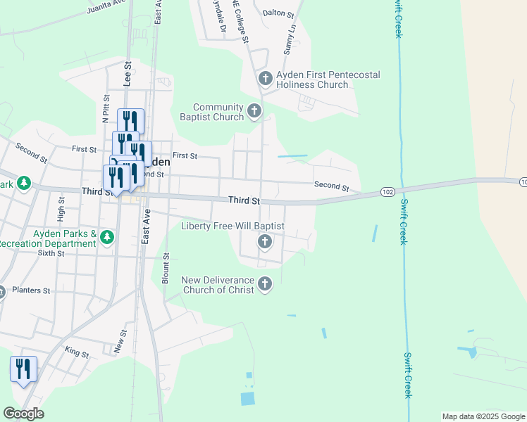 map of restaurants, bars, coffee shops, grocery stores, and more near 4217 Southeast College Street in Ayden