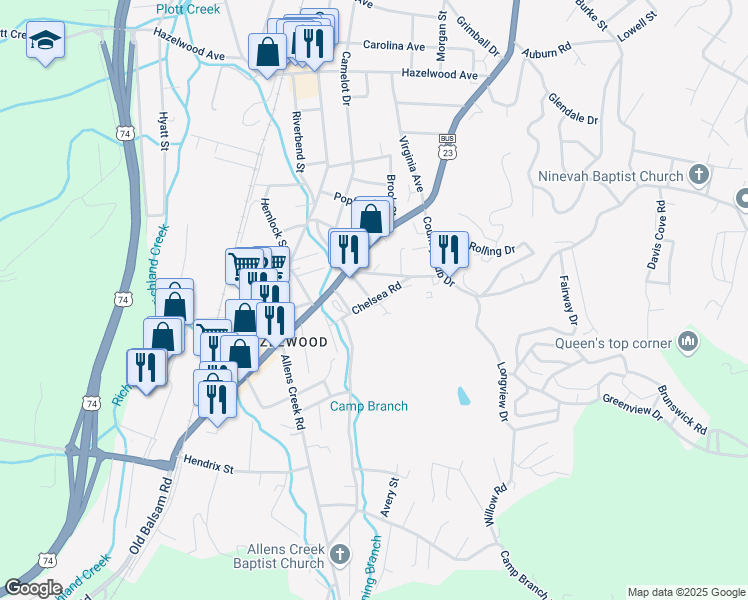 map of restaurants, bars, coffee shops, grocery stores, and more near 78 Chelsea Road in Waynesville