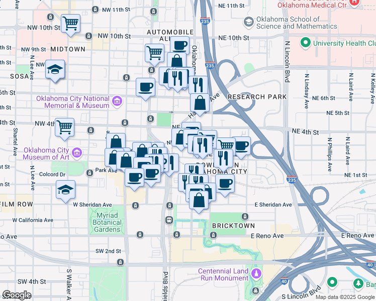 map of restaurants, bars, coffee shops, grocery stores, and more near 30 Northeast 3rd Street in Oklahoma City
