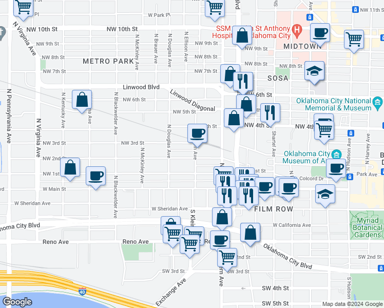 map of restaurants, bars, coffee shops, grocery stores, and more near 1210 Northwest 3rd Street in Oklahoma City