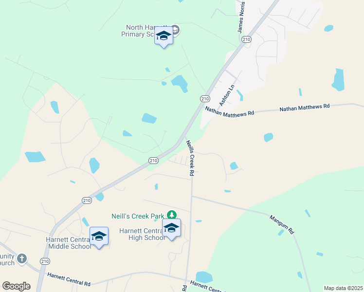 map of restaurants, bars, coffee shops, grocery stores, and more near 5594 North Carolina 210 in Angier