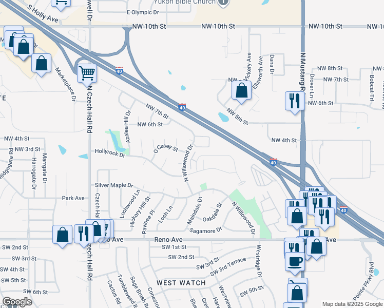 map of restaurants, bars, coffee shops, grocery stores, and more near 404 North Willowood Drive in Yukon