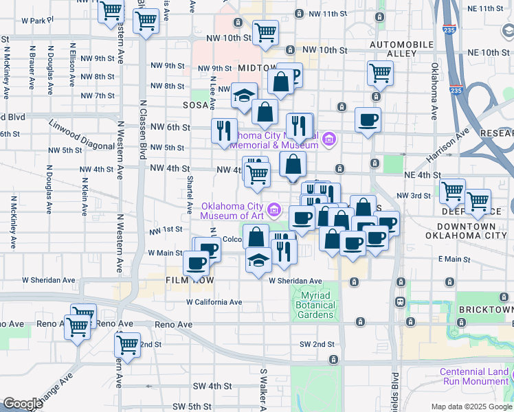 map of restaurants, bars, coffee shops, grocery stores, and more near 300 North Walker Avenue in Oklahoma City