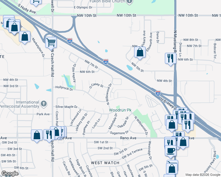 map of restaurants, bars, coffee shops, grocery stores, and more near 404 North Willowood Drive in Yukon