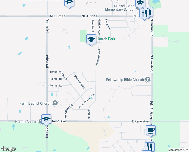 map of restaurants, bars, coffee shops, grocery stores, and more near 465 Echo Lane in Harrah