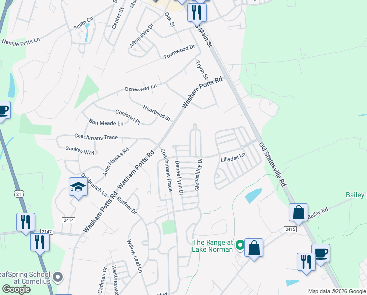map of restaurants, bars, coffee shops, grocery stores, and more near 10950 Shelly Renee Drive in Cornelius