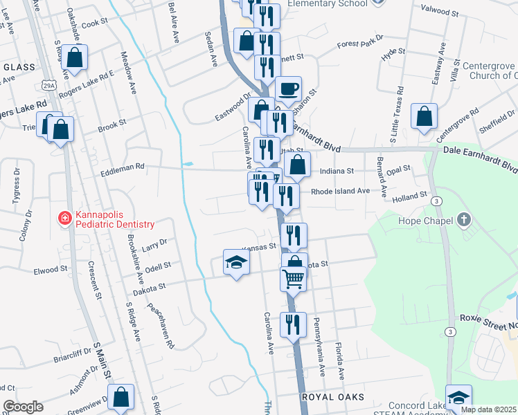 map of restaurants, bars, coffee shops, grocery stores, and more near 1746 South Cannon Boulevard in Kannapolis