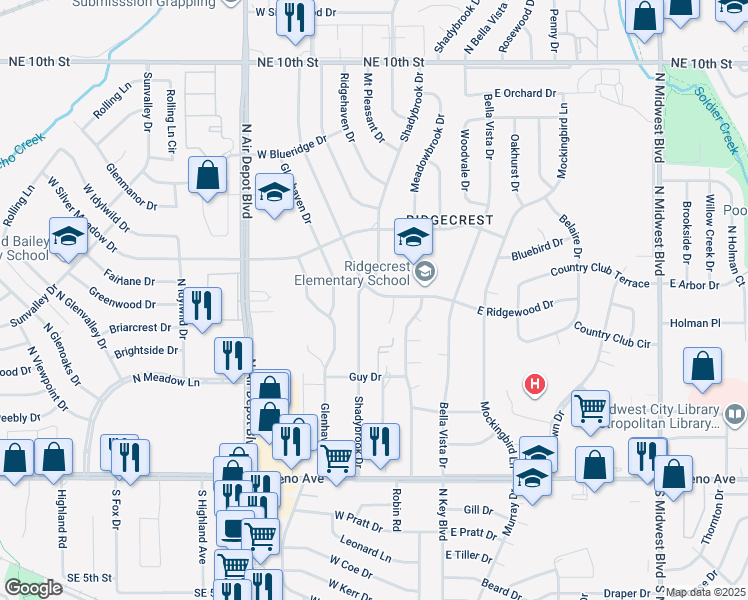map of restaurants, bars, coffee shops, grocery stores, and more near 216 West Ridgewood Drive in Midwest City