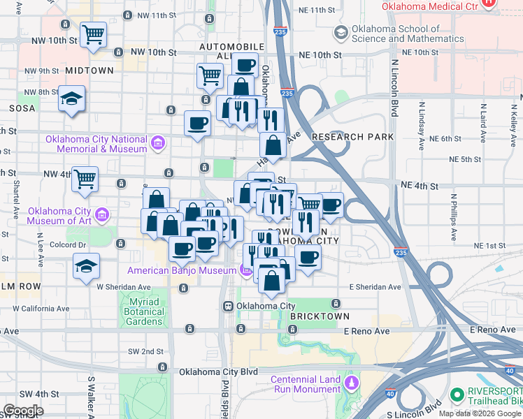 map of restaurants, bars, coffee shops, grocery stores, and more near 30 Northeast 3rd Street in Oklahoma City