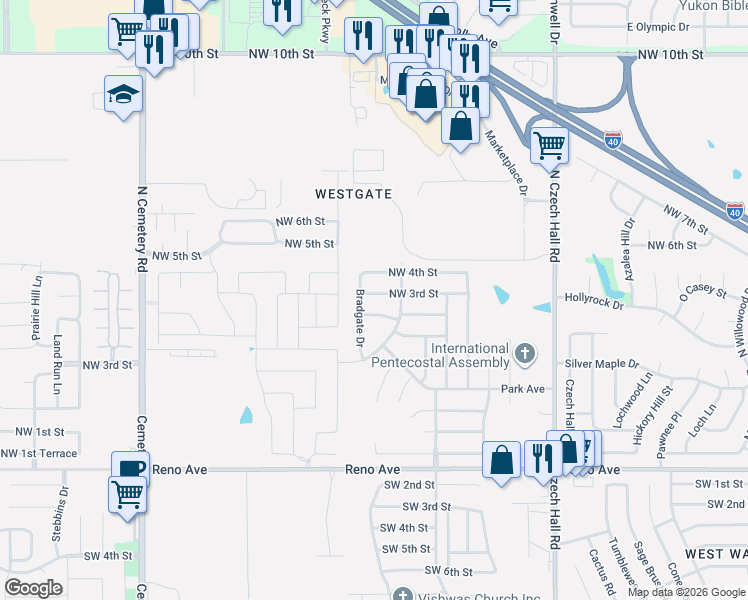 map of restaurants, bars, coffee shops, grocery stores, and more near 12524 Northwest 3rd Street in Yukon