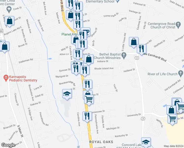 map of restaurants, bars, coffee shops, grocery stores, and more near 1724 Inspired Way in Kannapolis