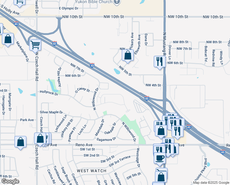 map of restaurants, bars, coffee shops, grocery stores, and more near 11703 Hollyrock Court in Yukon