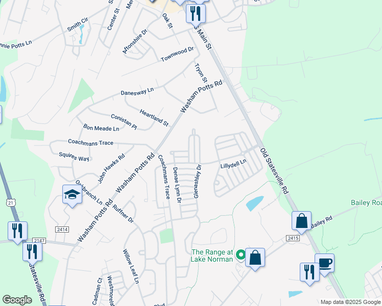 map of restaurants, bars, coffee shops, grocery stores, and more near 9022 Glenashley Drive in Cornelius