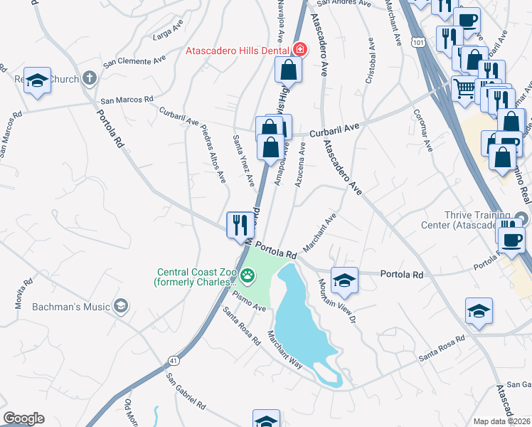 map of restaurants, bars, coffee shops, grocery stores, and more near 8655 Morro Road in Atascadero