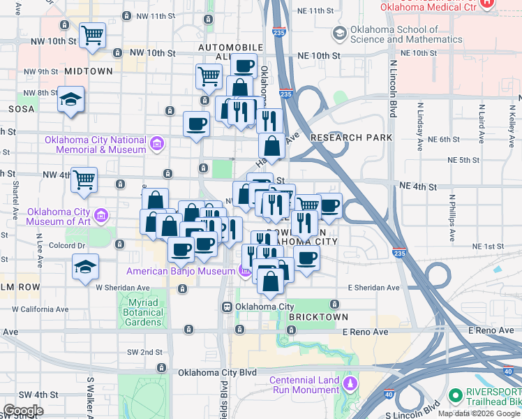map of restaurants, bars, coffee shops, grocery stores, and more near 30 Northeast 3rd Street in Oklahoma City