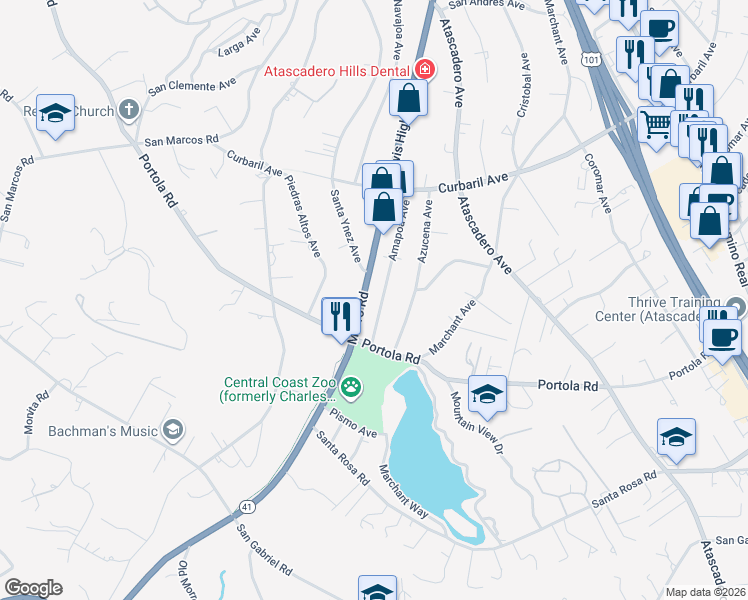 map of restaurants, bars, coffee shops, grocery stores, and more near 8655 Morro Road in Atascadero