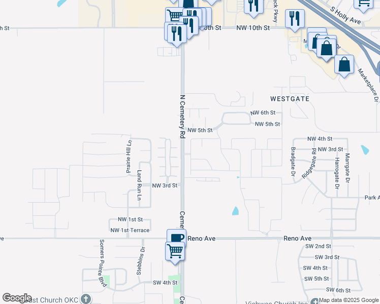 map of restaurants, bars, coffee shops, grocery stores, and more near 449 Compass Drive in Yukon