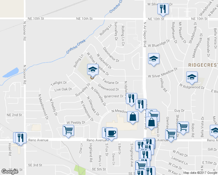 map of restaurants, bars, coffee shops, grocery stores, and more near 717 Greenwood Dr in Midwest City