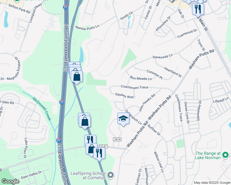 map of restaurants, bars, coffee shops, grocery stores, and more near 10129 Squires Way in Cornelius