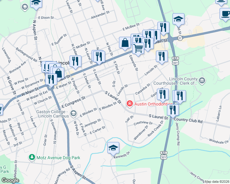 map of restaurants, bars, coffee shops, grocery stores, and more near 338 D Street in Lincolnton