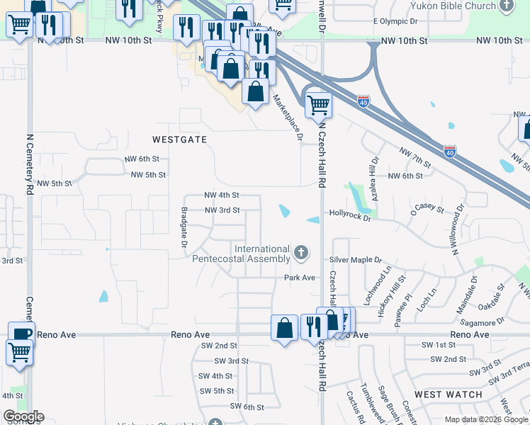map of restaurants, bars, coffee shops, grocery stores, and more near 328 Marrgate Drive in Yukon