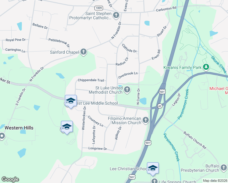 map of restaurants, bars, coffee shops, grocery stores, and more near 111 McLeod Drive in Sanford