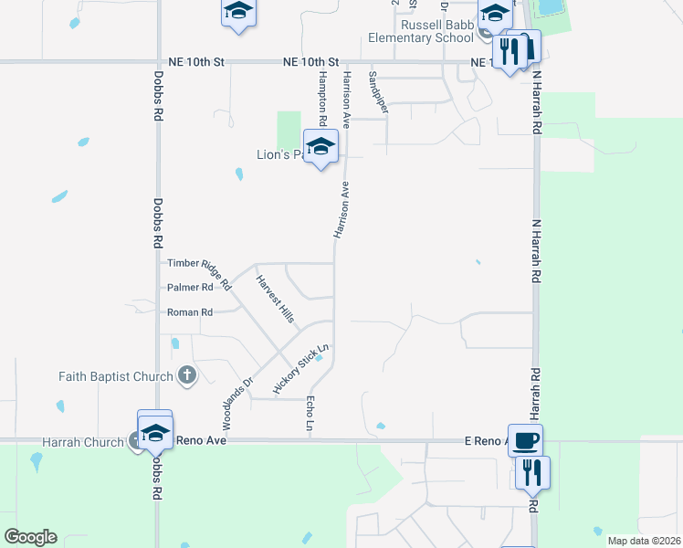 map of restaurants, bars, coffee shops, grocery stores, and more near 480 Echo Ln in Harrah