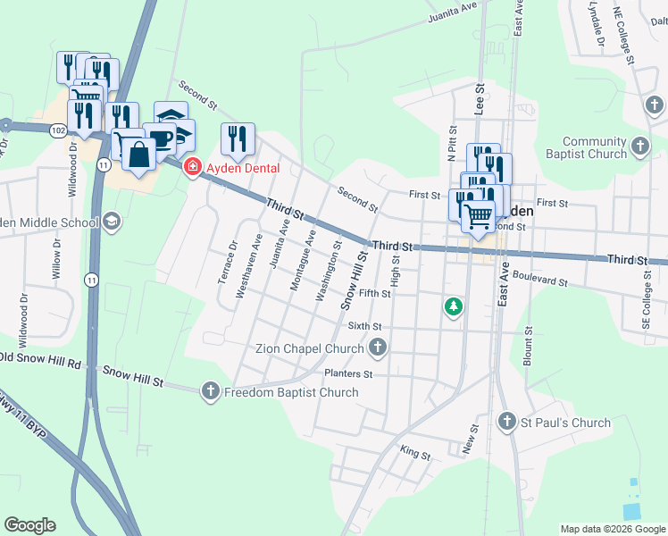 map of restaurants, bars, coffee shops, grocery stores, and more near 296 4th St in Ayden