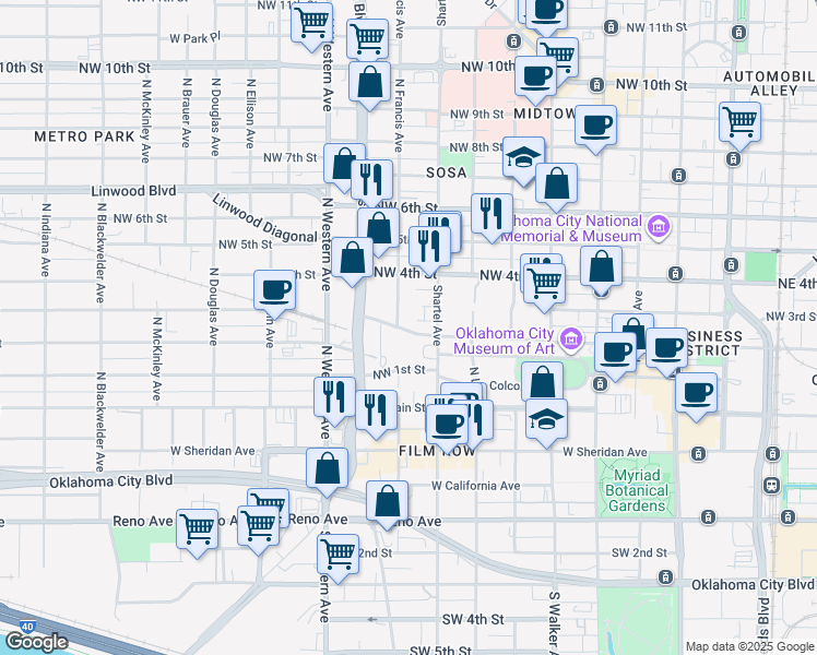 map of restaurants, bars, coffee shops, grocery stores, and more near 825 Robert S Kerr Avenue in Oklahoma City