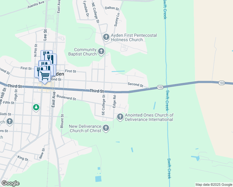 map of restaurants, bars, coffee shops, grocery stores, and more near 796 East 3rd Street in Ayden