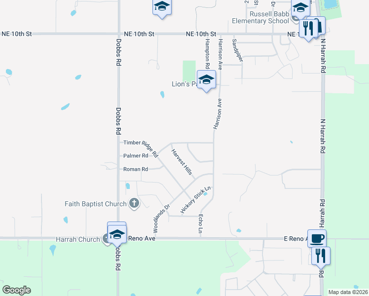 map of restaurants, bars, coffee shops, grocery stores, and more near 481 Crooked Oak Drive in Harrah