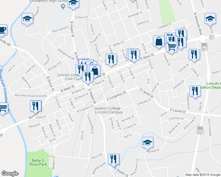 map of restaurants, bars, coffee shops, grocery stores, and more near 308 South Poplar Street in Lincolnton