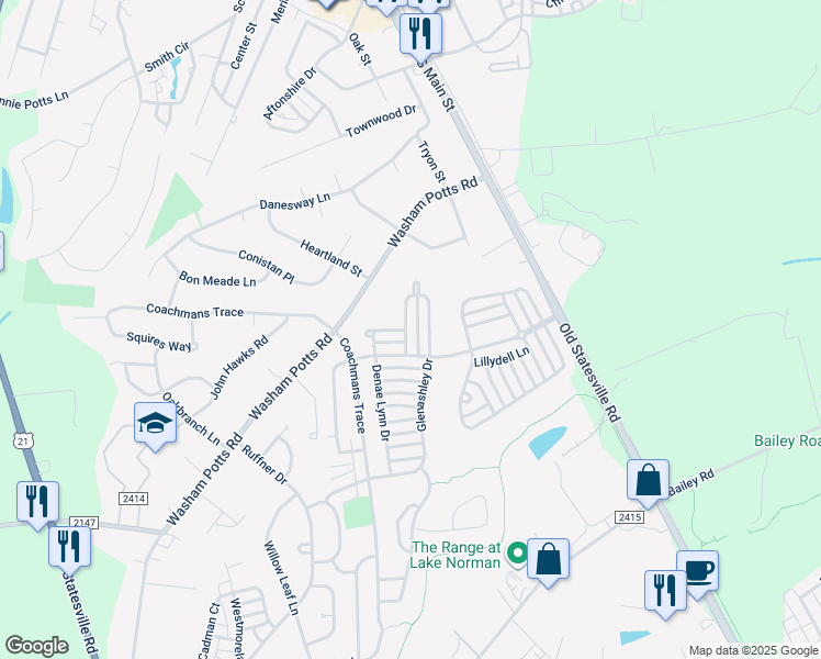 map of restaurants, bars, coffee shops, grocery stores, and more near 9026 Glenashley Drive in Cornelius
