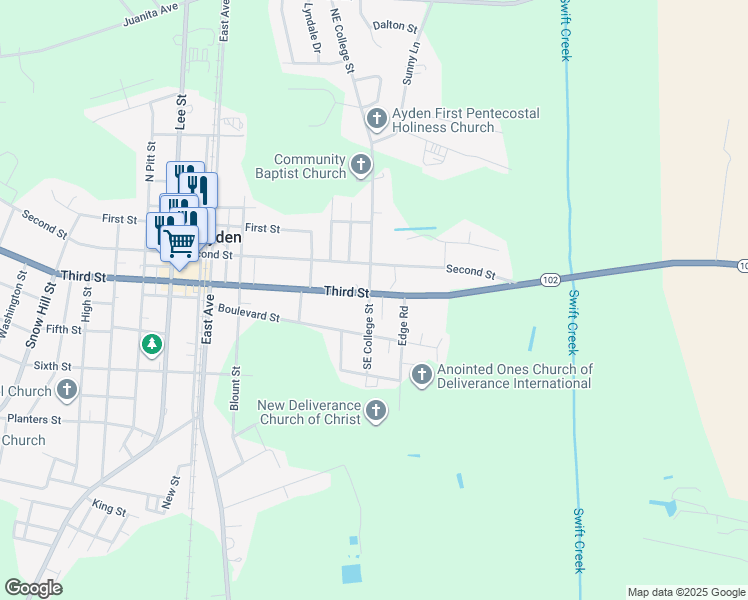 map of restaurants, bars, coffee shops, grocery stores, and more near 4217 Southeast College Street in Ayden