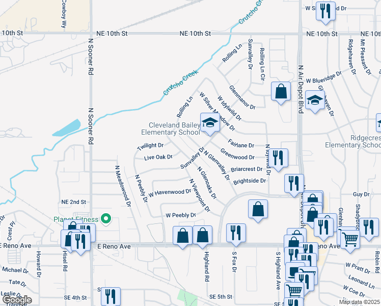 map of restaurants, bars, coffee shops, grocery stores, and more near 3408 North Glenoaks Drive in Midwest City