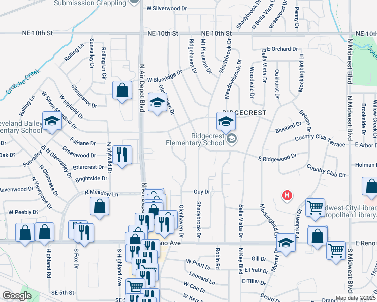 map of restaurants, bars, coffee shops, grocery stores, and more near 3206 Glenhaven Drive in Midwest City