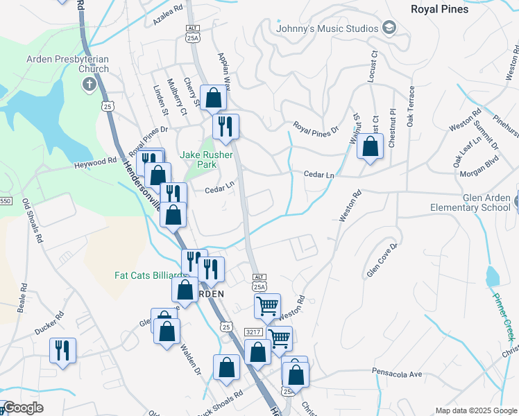 map of restaurants, bars, coffee shops, grocery stores, and more near 132 Colony Drive in Arden