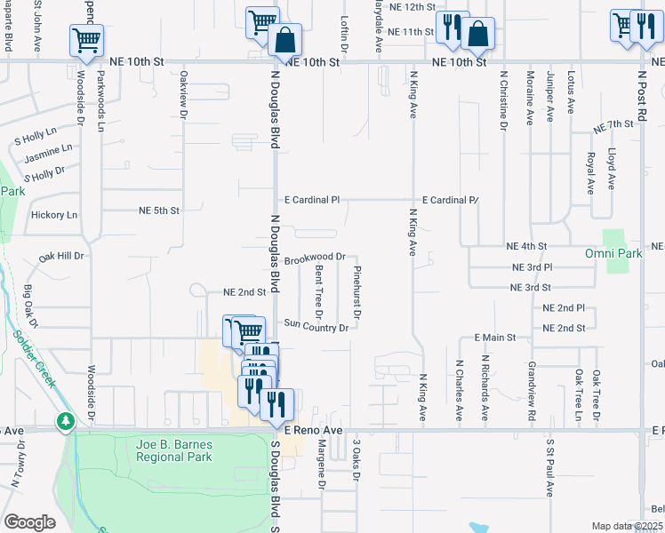 map of restaurants, bars, coffee shops, grocery stores, and more near 421 Blue Spruce Dr in Midwest City