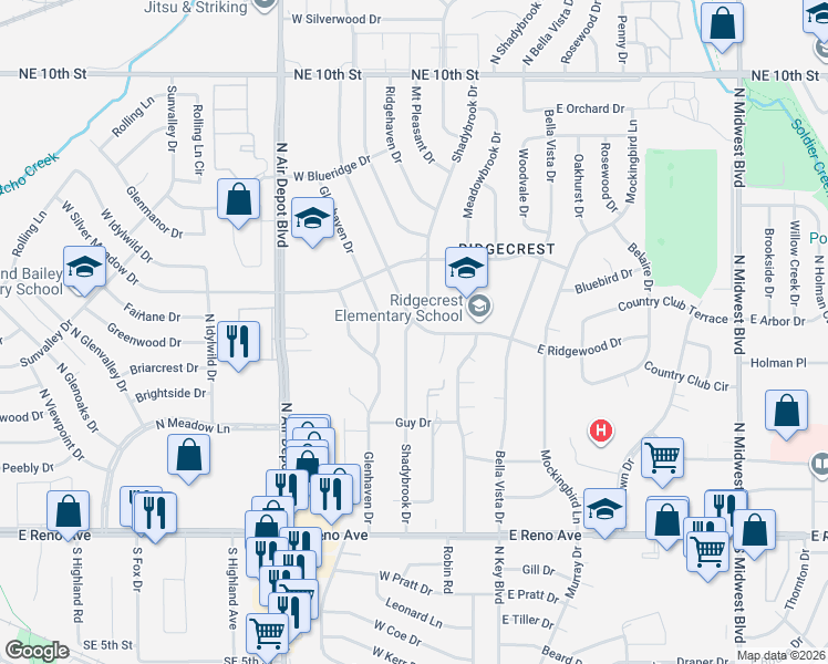 map of restaurants, bars, coffee shops, grocery stores, and more near 216 West Ridgewood Drive in Midwest City