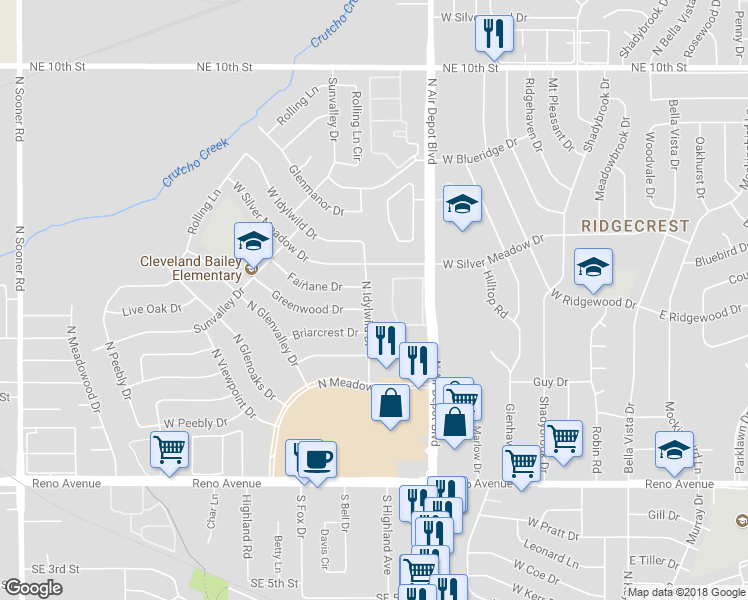 map of restaurants, bars, coffee shops, grocery stores, and more near 3304 North Idylwild Drive in Midwest City