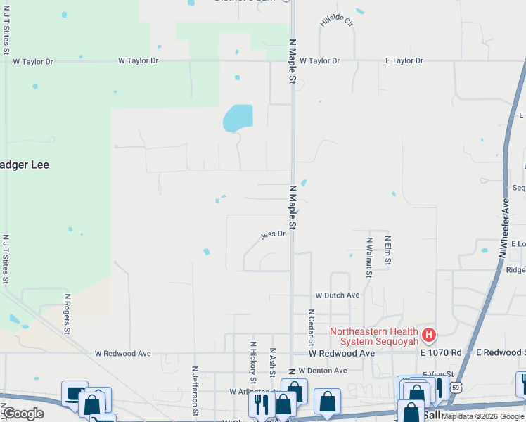 map of restaurants, bars, coffee shops, grocery stores, and more near 701 Kody Lane in Sallisaw
