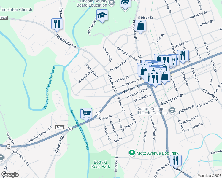 map of restaurants, bars, coffee shops, grocery stores, and more near 406 West Sycamore Street in Lincolnton