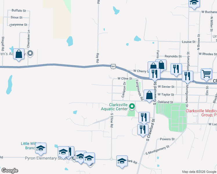map of restaurants, bars, coffee shops, grocery stores, and more near 1801 Ford Drive in Clarksville