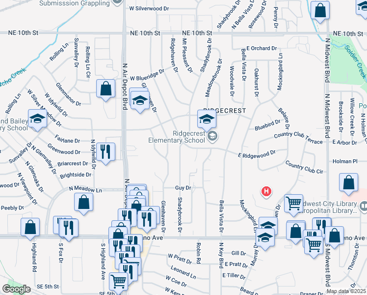 map of restaurants, bars, coffee shops, grocery stores, and more near 216 West Ridgewood Drive in Midwest City
