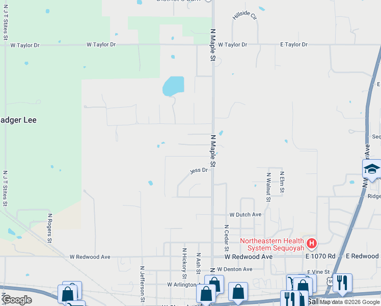map of restaurants, bars, coffee shops, grocery stores, and more near 701 Kody Lane in Sallisaw